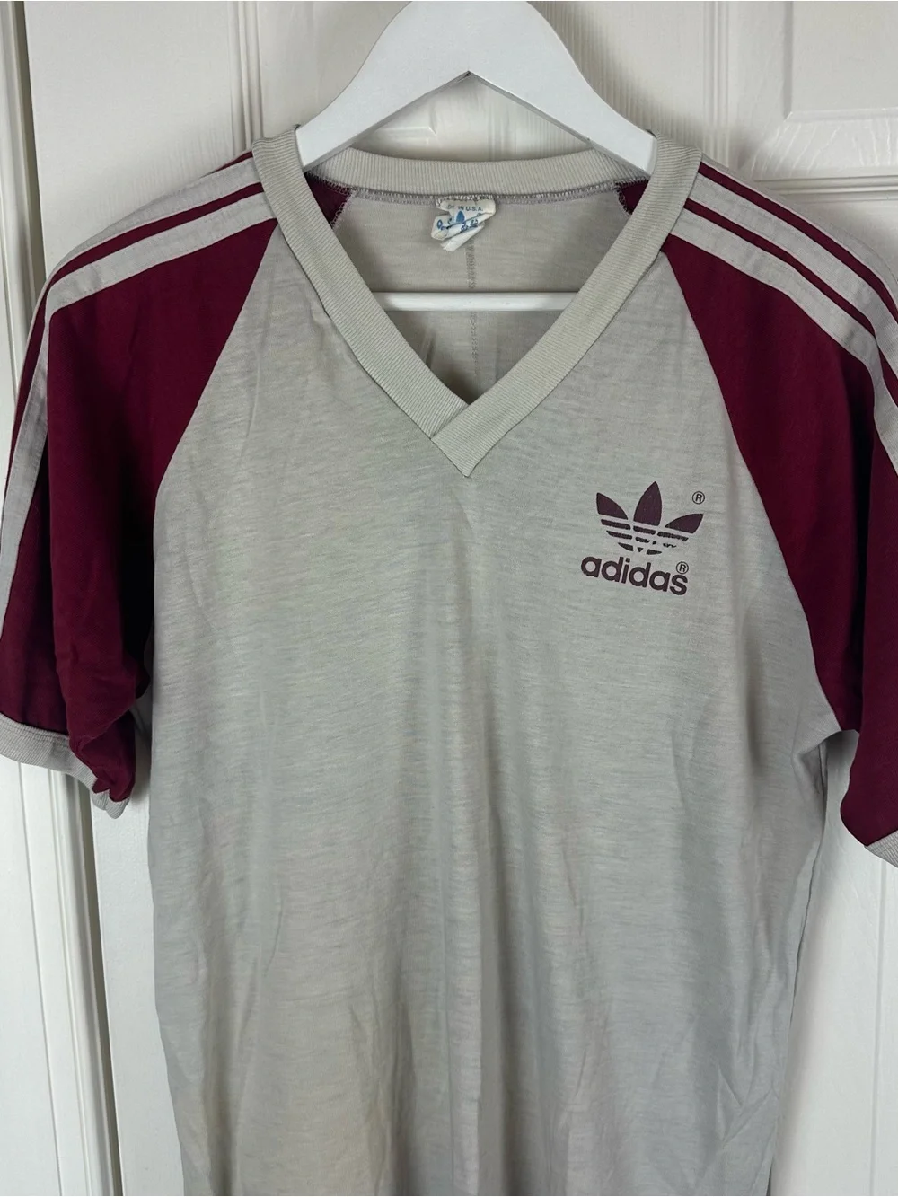 Vintage 80’s Adidas Gray Tee with Burgundy Raglan Sleeves and Trefoil Logo